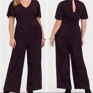 Purple Lace Print Wide Leg Challis Jumpsuit